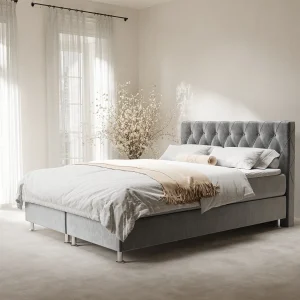 Boxspringbed met hoofdeinde van fluweelstof – Otus – matras en dekmatras – 200×200 cm – grijs Boxspringbed met hoofdeinde van fluweelstof – Otus – matras en dekmatras – 200×200 cm – grijs