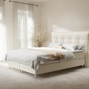 Boxspringbed met hoofdeinde van fluweelstof – Minori – matras en dekmatras – 140×200 cm – creme