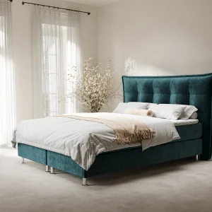 Boxspringbed met hoofdeinde van fluweelstof – Minori – matras en dekmatras – 140×200 cm – turquoise