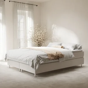 Boxspringbed met hoofdeinde van geweven stof – Sub – matras en dekmatras – 180×200 cm – beige