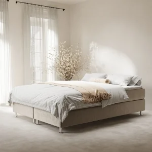 Boxspringbed met hoofdeinde van fluweelstof – Sub – matras en dekmatras – 200×200 cm – beige