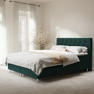 Boxspringbed met hoofdeinde van geweven stof – Otus – matras en dekmatras – 160×200 cm – groen