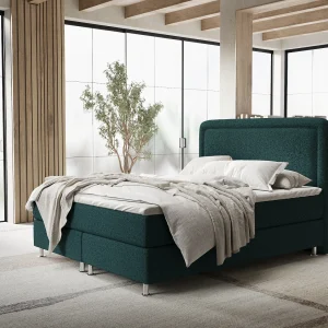 Boxspringbed met hoofdeinde van geweven stof – Salvi – matras en dekmatras – 140×200 cm – groen