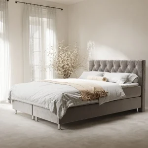 Boxspringbed met hoofdeinde van fluweelstof – Otus – matras en dekmatras – 140×200 cm – taupe Boxspringbed met hoofdeinde van fluweelstof – Otus – matras en dekmatras – 140×200 cm – taupe