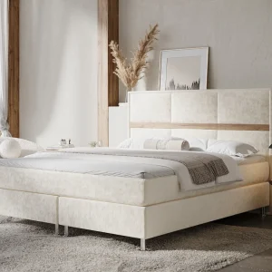Boxspringbed met hoofdeinde van fluweelstof – Soto – matras en dekmatras – 200×200 cm – creme