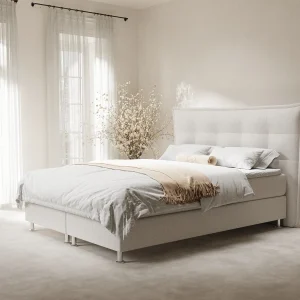 Boxspringbed met hoofdeinde van geweven stof – Minori – matras en dekmatras – 180×200 cm – beige