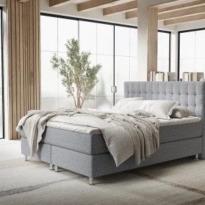 Boxspringbed met hoofdeinde van geweven stof – Sorrento – matras en dekmatras – 180×200 cm – grijs