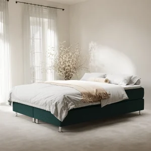 Boxspringbed met hoofdeinde van geweven stof – Sub – matras en dekmatras – 180×200 cm – groen