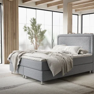 Boxspringbed met hoofdeinde van geweven stof – Salvi – matras en dekmatras – 140×200 cm – grijs