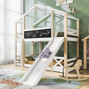 Bunkbedden Cabane 2 x 90 x 200 cm met schuif, barrières, trap – EN747 – Wit en natuurlijk gecertificeerde dennen Bunkbedden Cabane 2 x 90 x 200 cm met schuif, barrières, trap – EN747 – Wit en natuurlijk gecertificeerde dennen