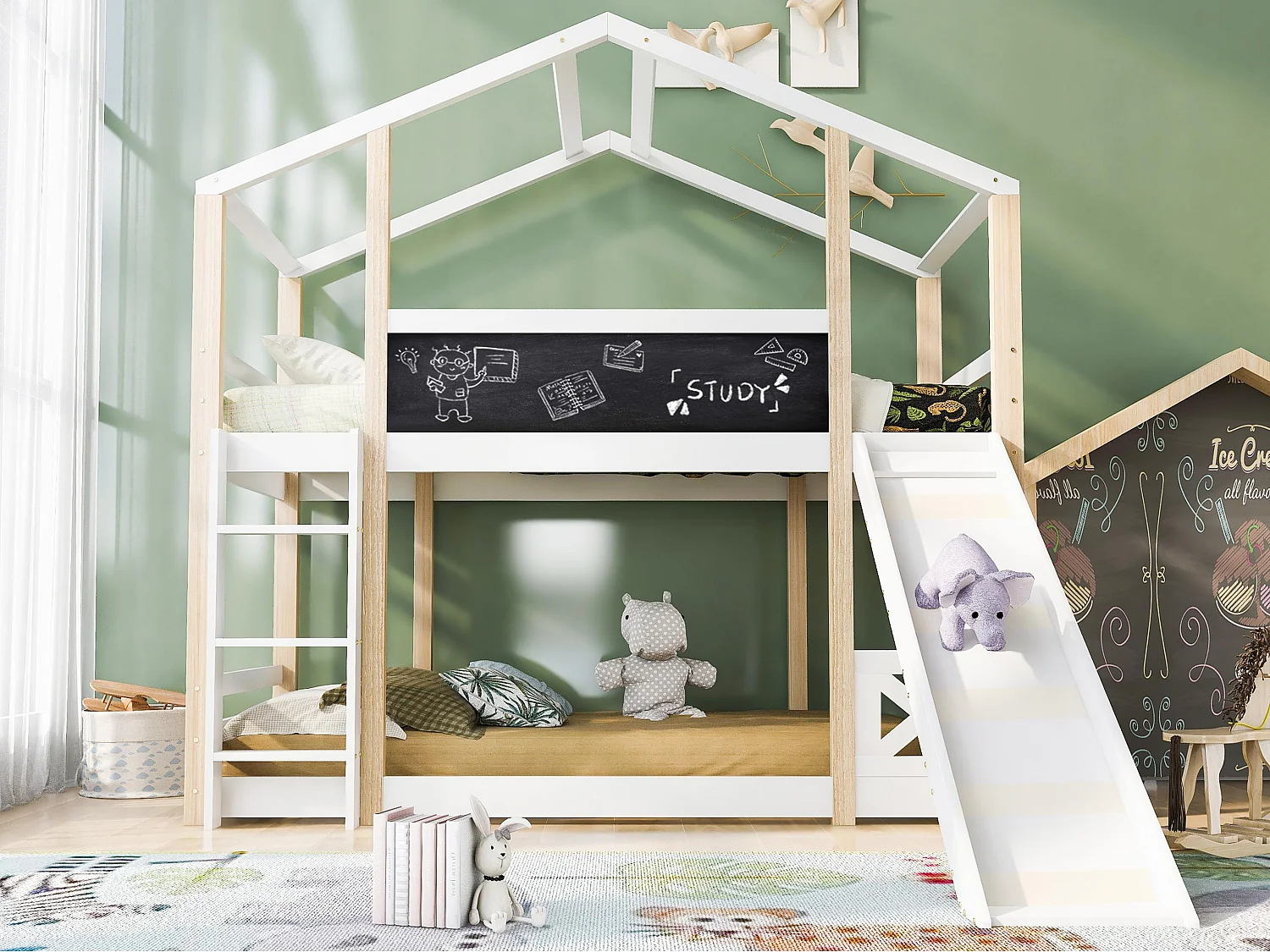 Cabine stapelbed 90x200cm - met ladder en glijbaan - grenen frame - wit