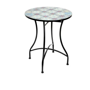 Ronde bistro tuintafel collectie PORTO – Decoratieve mozaïek – Zwart metaal – Ø60xH71 cm
