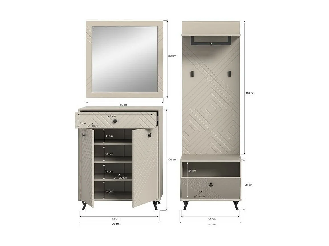 Complete inkomhalset LUNA - Mat Beige - 215x190x35 cm - 6 vakken, 5 planken