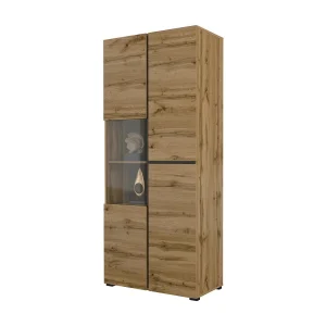 Vitrinekast hoog 2 deuren collectie HAVANA met geïntegreerde LED. Kleur eiken en zwart.