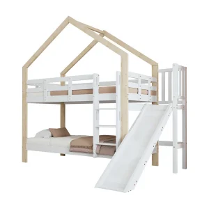Bunkbedden 2x90x200cm met schuif – Cabin Bed – Massief houten bedframe – Wit+Natuurlijk Bunkbedden 2x90x200cm met schuif – Cabin Bed – Massief houten bedframe – Wit+Natuurlijk