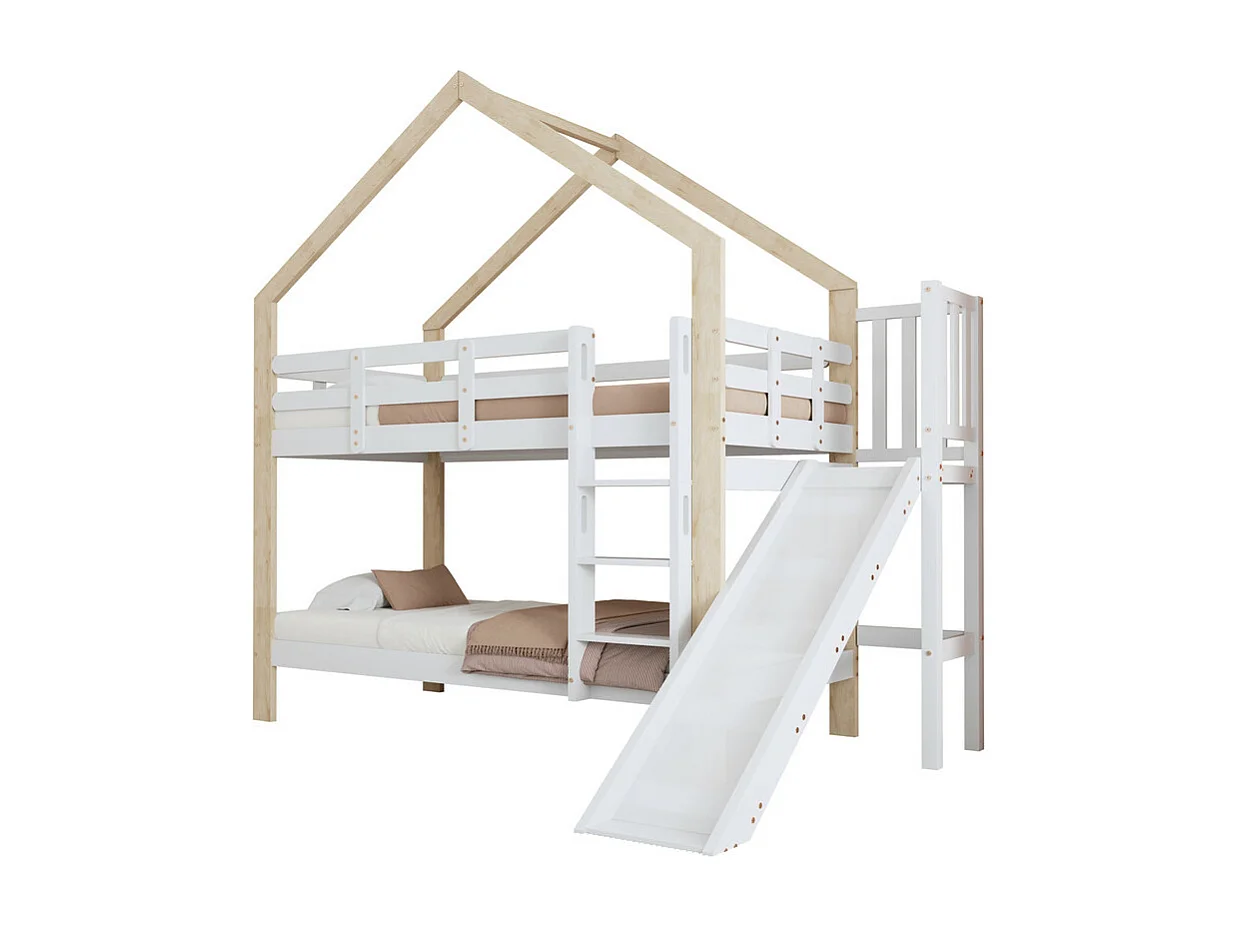 Bunkbedden 2x90x200cm met schuif - Cabin Bed - Massief houten bedframe - Wit+Natuurlijk