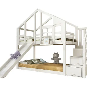 Bunkbed voor kinderen – met opbergtrap en schuif – Cabinebed 2 x 90 x 200 cm – Pin + MDF – Wit Bunkbed voor kinderen – met opbergtrap en schuif – Cabinebed 2 x 90 x 200 cm – Pin + MDF – Wit