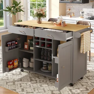 Mobiele centrale keukeneiland met 2 deuren en 2 lades – 102x45x92 cm – MDF van hout – Grijs en natuurlijk Mobiele centrale keukeneiland met 2 deuren en 2 lades – 102x45x92 cm – MDF van hout – Grijs en natuurlijk