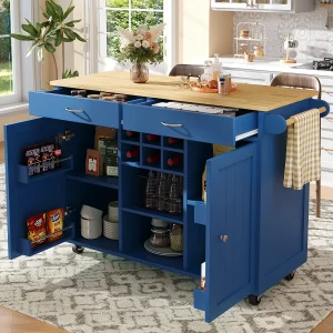 Mobiele centrale keukeneiland met 2 deuren en 2 lades – 102x45x92 cm – MDF van hout – Blauw en natuurlijk Mobiele centrale keukeneiland met 2 deuren en 2 lades – 102x45x92 cm – MDF van hout – Blauw en natuurlijk