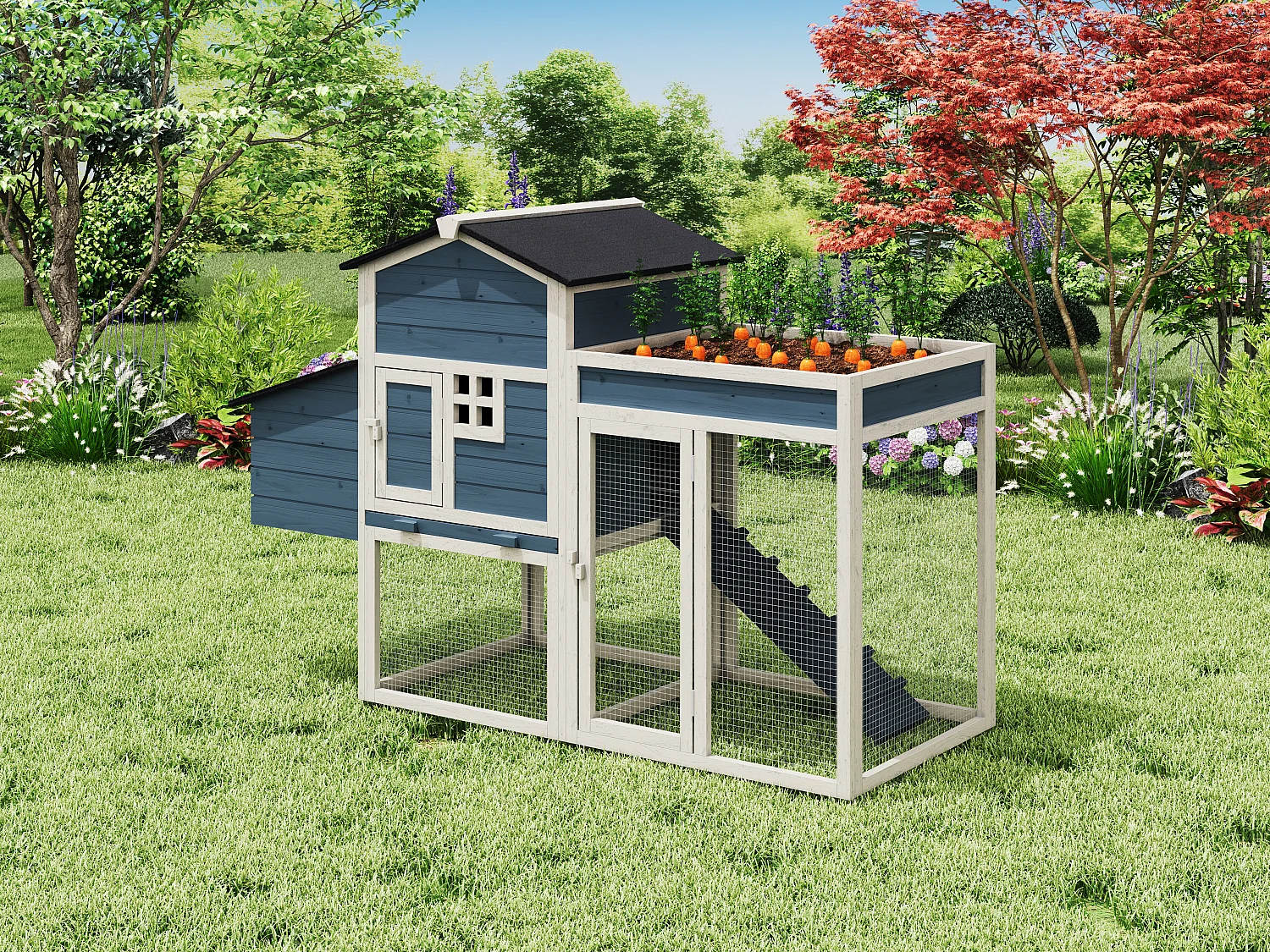 Kippenhok met omheining en moestuin - 4 kippen - H109 cm - Blauw en wit - CAMPORA