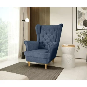 CHESTERFIELD-STOEL Falco donkerblauw met beukenhouten poten CHESTERFIELD-STOEL Falco donkerblauw met beukenhouten poten