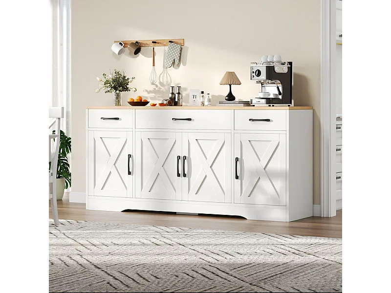 Buffet met 3 lades en 4 deuren - MDF - TV-meubel - Licht naturel en Wit - 160x37x75 cm