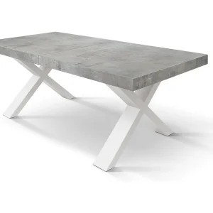 Cementgrijze houten tafel, witte poten, ext.160×90-240x90cm – AMALFI
