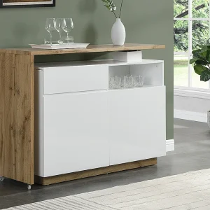 Draaibaar barmeubel ELDIR- 2 deuren, 1 lade en 1 nis – MDF – Witgelakt & eiken – Koop nu