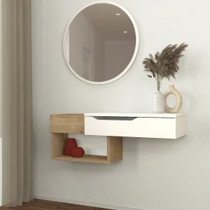 Hangende consoletafel met 1 lade en 2 nissen – Naturel en wit – DAREKA Hangende consoletafel met 1 lade en 2 nissen – Naturel en wit – DAREKA