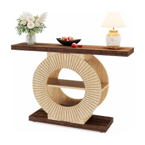 Consoletafel van 100 cm met opbergruimte – Houten haltafel voor de woonkamer, met planken en ronde voet Consoletafel van 100 cm met opbergruimte – Houten haltafel voor de woonkamer, met planken en ronde voet