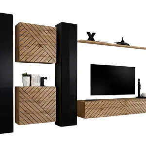 Set van design woonkamermeubels SWITCH VI. Kleuren zwart en eiken met glanzend zwarte afwerking en eiken met gefreesd effect. Set van design woonkamermeubels SWITCH VI. Kleuren zwart en eiken met glanzend zwarte afwerking en eiken met gefreesd effect.