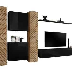 Design woonkamermeubelset SWITCH VI. Kleuren eiken en zwart met gefreesde eikeneffect afwerking en glanzend zwart. Design woonkamermeubelset SWITCH VI. Kleuren eiken en zwart met gefreesde eikeneffect afwerking en glanzend zwart.