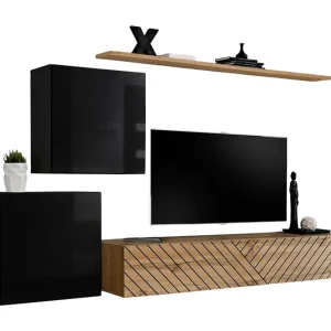 Set van design woonkamermeubels SWITCH V, in zwart en eiken kleuren. Afwerkingen in glanzend zwart en gefreesd eiken. Set van design woonkamermeubels SWITCH V, in zwart en eiken kleuren. Afwerkingen in glanzend zwart en gefreesd eiken.