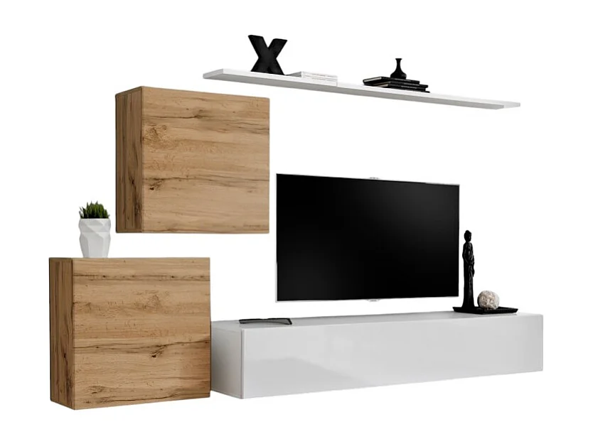 Design woonkamer meubelset SWITCH V, eiken en wit kleuren, afwerkingen in gefreesd eiken en hoogglans wit.