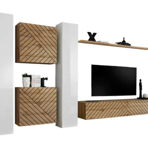 Design salonmeubelset SWITCH VI, wit/eiken, glanzend witte afwerking en gefreesd eikeneffect