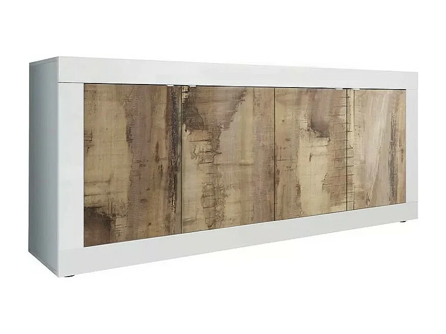 Buffet met 4 deuren, collectie CISA, in wit en licht eiken kleur, ideaal voor een moderne woonkamer of eetkamer.