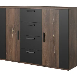 Design dressoir met 2 deuren en 4 laden – 130 cm – Donkere eik en zwart – Collectie FOX Design dressoir met 2 deuren en 4 laden – 130 cm – Donkere eik en zwart – Collectie FOX