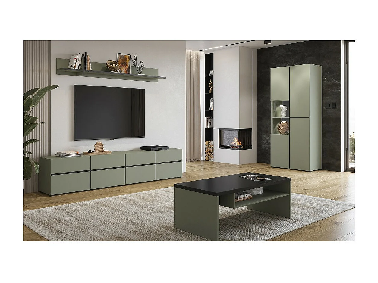 Set van 4 meubels collectie HAVANA in saliegroen. XL TV-meubel, vitrinekast, salontafel, boekenkast