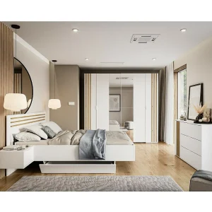 Complete slaapkamer FLORENCE – Bed 180×200 + lattenbodem + laden + kledingkast + dressoir – Wit en eiken Complete slaapkamer FLORENCE – Bed 180×200 + lattenbodem + laden + kledingkast + dressoir – Wit en eiken