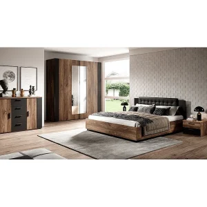 Complete slaapkamer FOX: Bed met opbergruimte 180×200, kledingkast, dressoir en nachtkastjes. Kleur donkere eik en zwart. Complete slaapkamer FOX: Bed met opbergruimte 180×200, kledingkast, dressoir en nachtkastjes. Kleur donkere eik en zwart.
