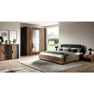 Complete slaapkamer FOX: Kledingkast 200cm, Bed 180×200, dressoir, nachtkastjes. Kleur donkere eik en zwart. Complete slaapkamer FOX: Kledingkast 200cm, Bed 180×200, dressoir, nachtkastjes. Kleur donkere eik en zwart.