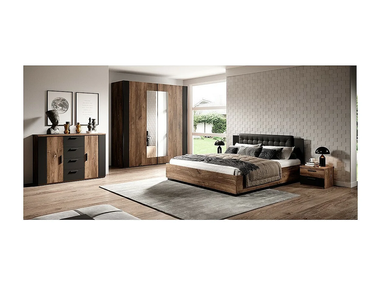 Complete slaapkamer FOX: Kledingkast 200cm, Bed 180x200, dressoir, nachtkastjes. Kleur donkere eik en zwart.