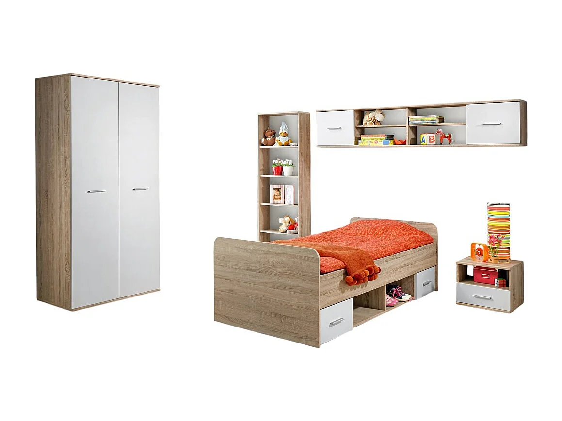 Volledige kinder- en tienerkamer collectie DENVER. Kledingkast, Bed, boekenkast, nachtkastje en plank.