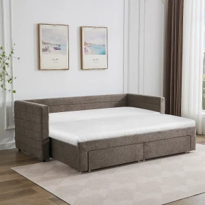Uitschuifbaar slaapbankje 2 x 80 x 200 cm van taupegrijze stof met textuur + matras – CAMITY Uitschuifbaar slaapbankje 2 x 80 x 200 cm van taupegrijze stof met textuur + matras – CAMITY