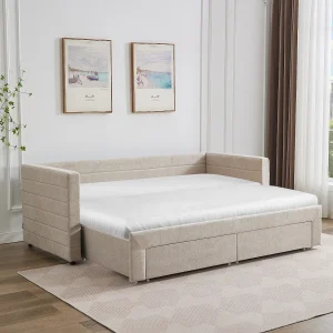 Uitschuifbaar slaapbankje 2 x 80 x 200 cm van beige stof met textuur + matras – CAMITY Uitschuifbaar slaapbankje 2 x 80 x 200 cm van beige stof met textuur + matras – CAMITY