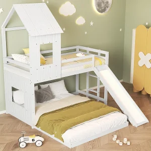 Bunkbed voor kinderhut met dia – 90x200cm en 140x200cm – FSC Certified Pine + MDF – Wit Bunkbed voor kinderhut met dia – 90x200cm en 140x200cm – FSC Certified Pine + MDF – Wit