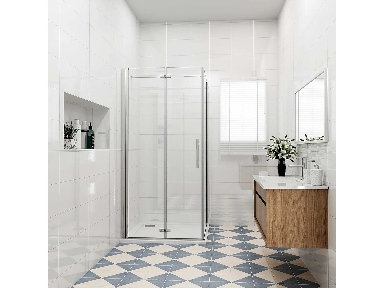 Douchecabine met vouwdeur en vaste zijwand ,NANO EasyClean veiligheidsglas,B:76xD:100x195cm,73-120cm Stabilisatiestang