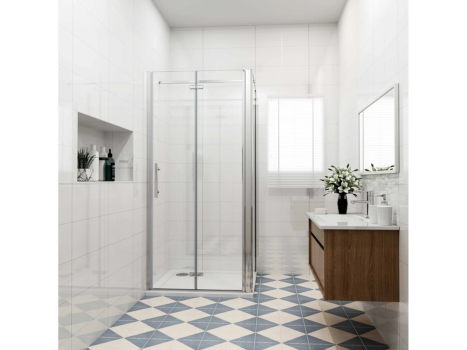 Douchecabine 120x90x195cm, draaideur+ vouwdeur (L-vorm),NANO EasyClean veiligheidsglas,stabilisatiestang 73-120cm