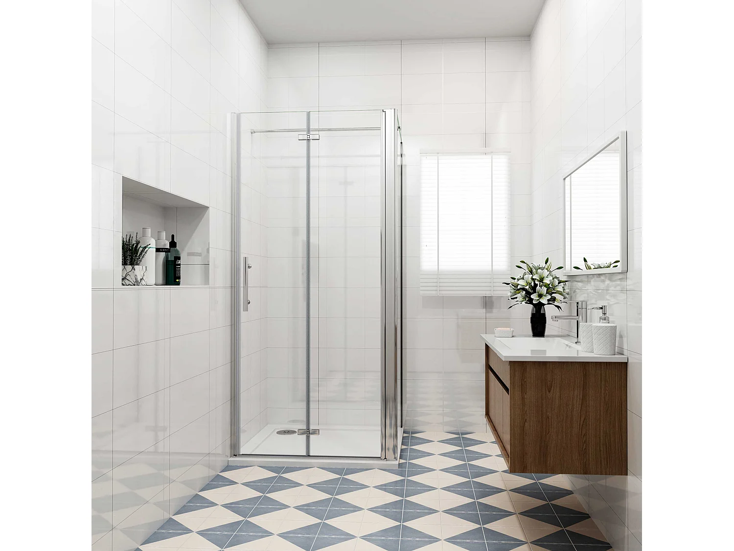 Douchecabine 120x80x195cm, draaideur+ vouwdeur (L-vorm),NANO EasyClean veiligheidsglas,N-vorm 140cm Stabilisatiestang