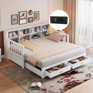Daybed – 90/180 x 190 cm – Slaapbank – 2 lades + opbergruimte – grenenhout + multiplex + MDF – Wit Daybed – 90/180 x 190 cm – Slaapbank – 2 lades + opbergruimte – grenenhout + multiplex + MDF – Wit